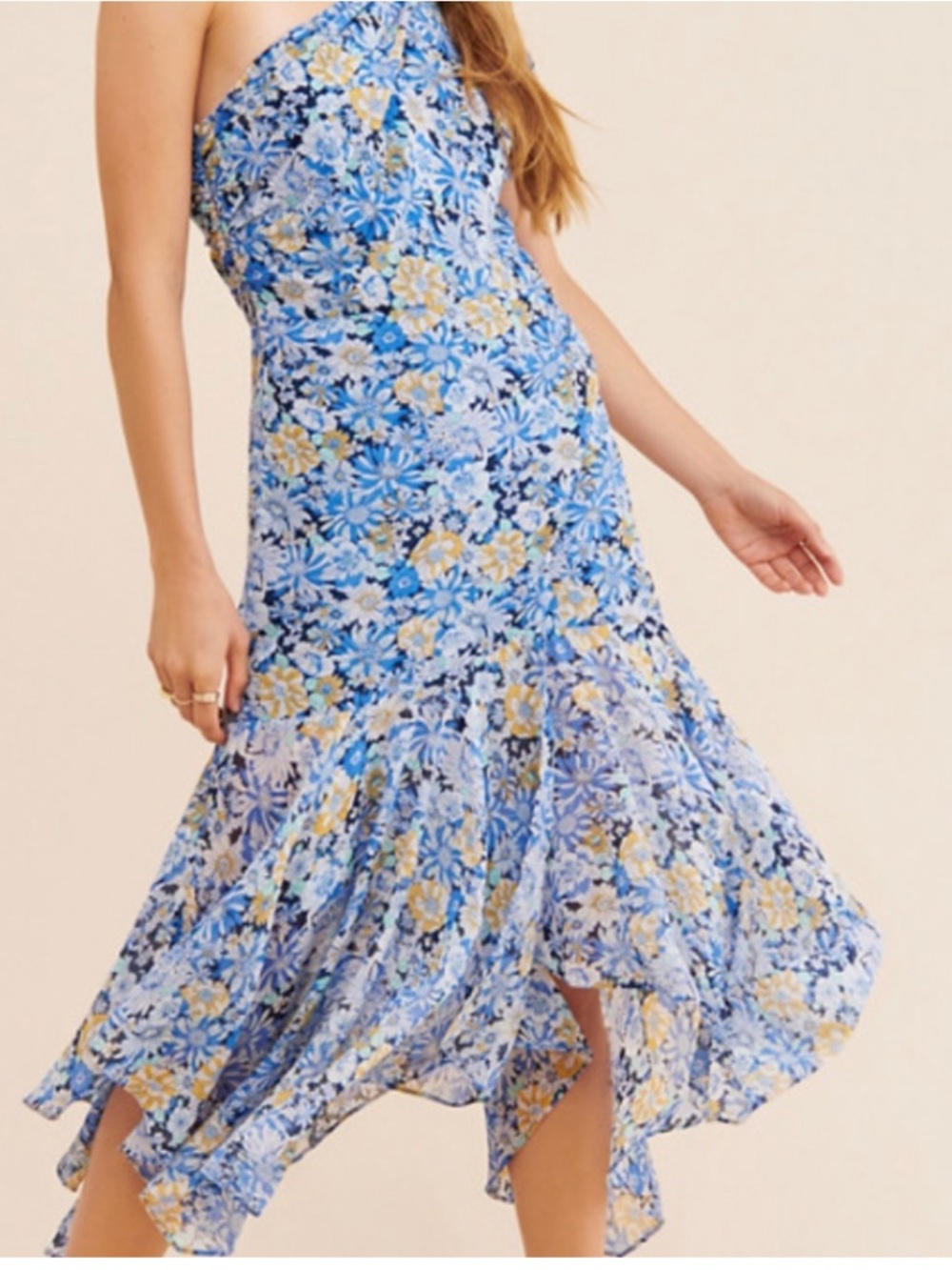 ASTR the Label Santorini One-Shoulder Asymmetrical Midi Dress S floral blue
